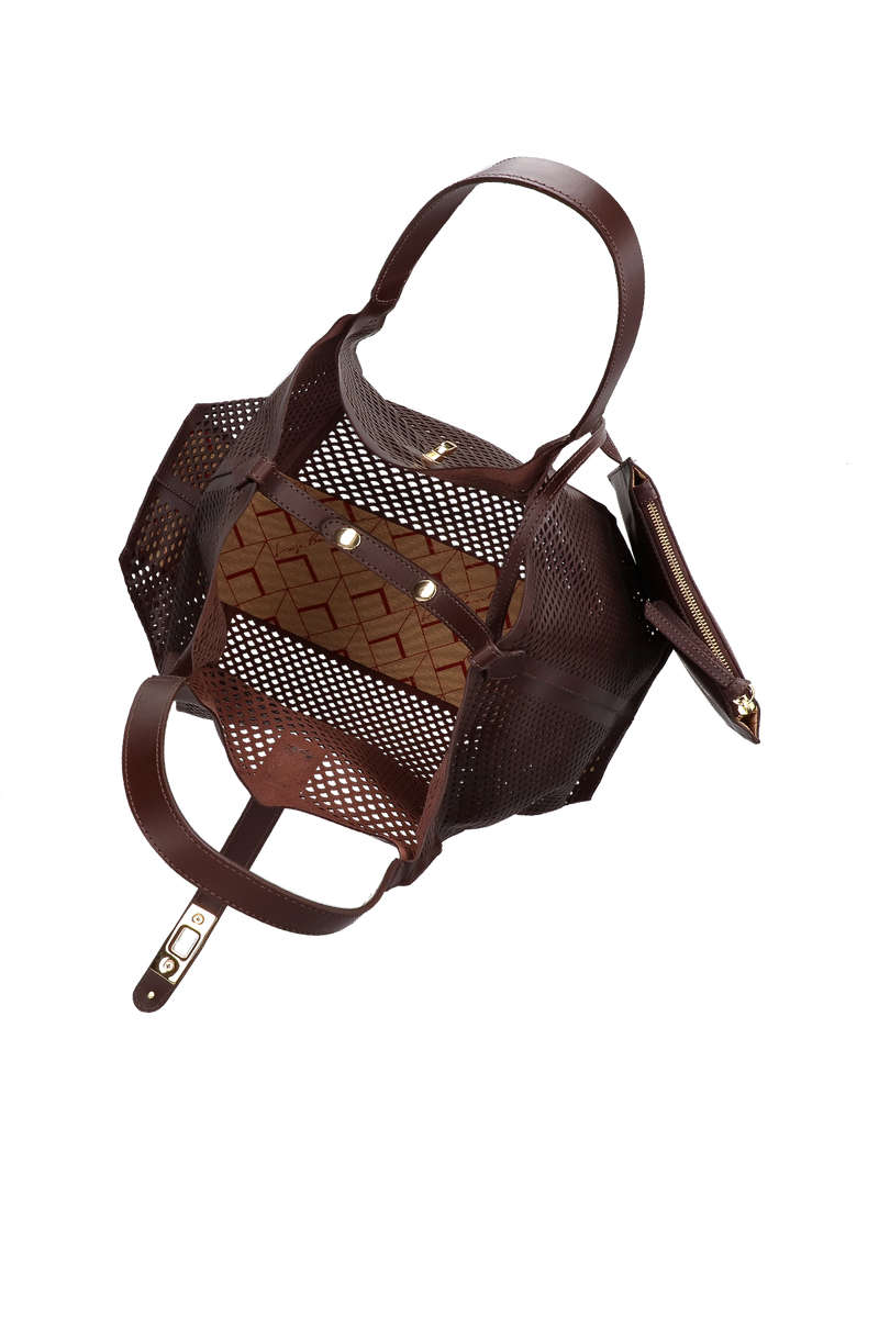 BOLSA TOTE GRANDE EM COURO MARROM CAFÉ COM RECORTES