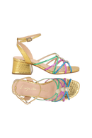 SANDÁLIA DE SALTO BLOCO MÉDIO EM COURO DOURADO COM TIRAS MULTICOLOR
