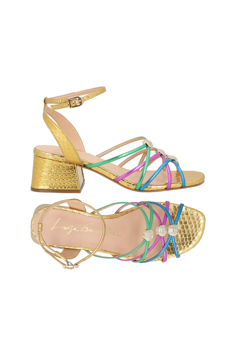 SANDÁLIA DE SALTO BLOCO MÉDIO EM COURO DOURADO COM TIRAS MULTICOLOR