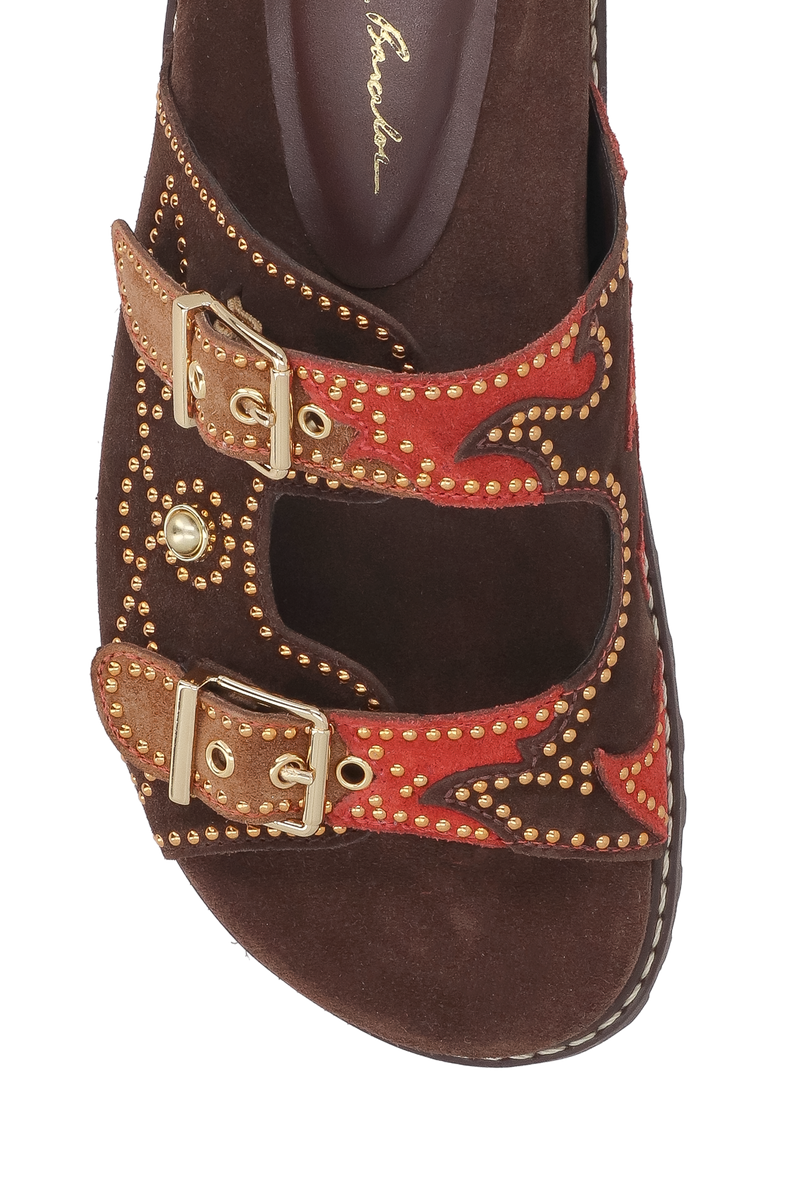 PAPETE EM CAMURÇA CAFÉ COM FIVELAS E APLICAÇÕES