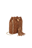 BOLSA BUCKET PEQUENA EM CAMURÇA MARROM CAFÉ COM DETALHES METÁLICOS