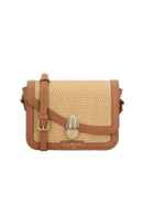 BOLSA MÉDIA EM RÁFIA E COURO CARAMELO COM FECHO DOURADO