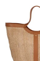 BOLSA SHOPPING GRANDE EM COURO CARAMELO E RÁFIA