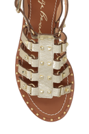 SANDÁLIA RASTEIRA EM COURO DOURADO COM TIRAS E APLICAÇÕES