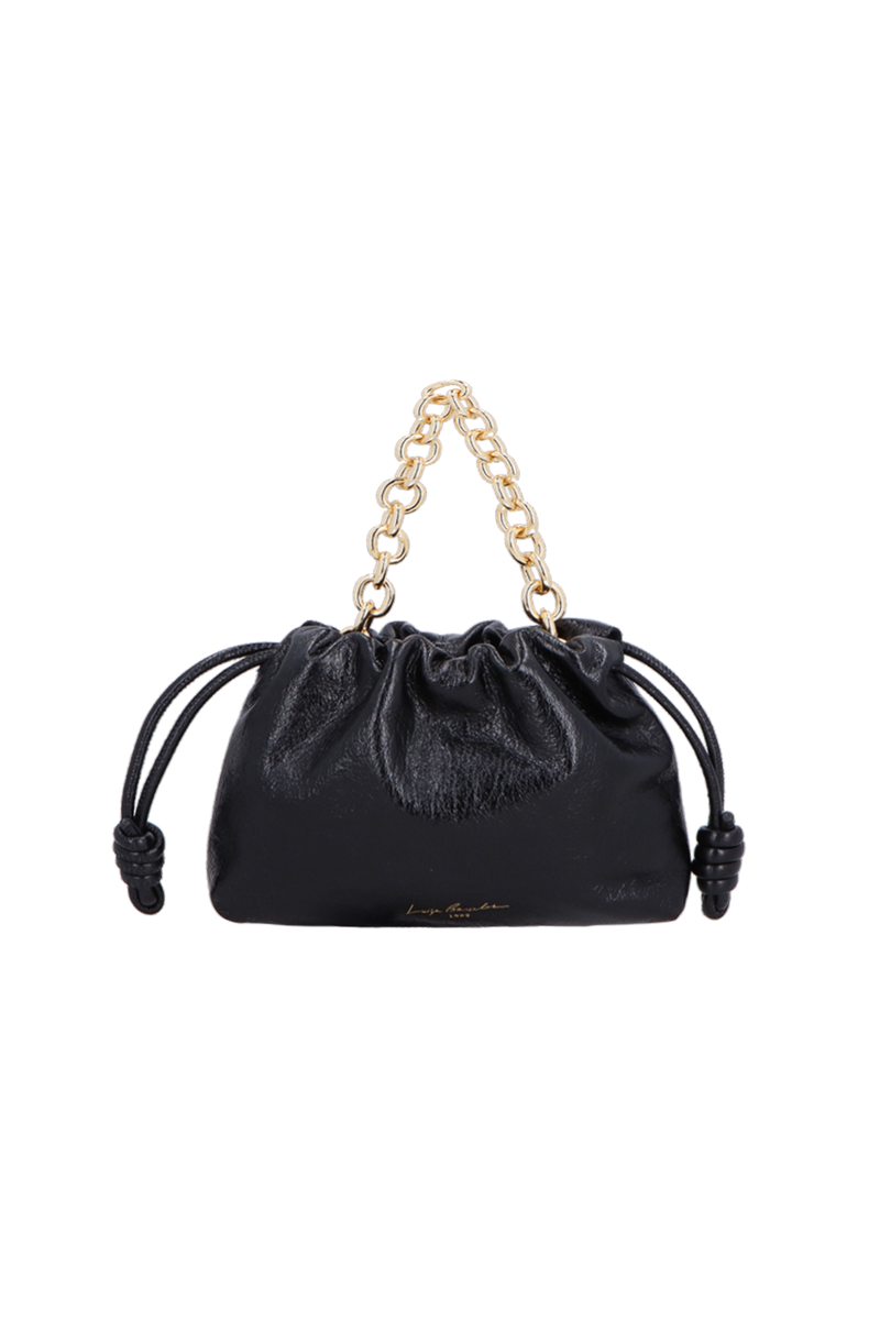 BOLSA COM FECHAMENTO POR NÓS E ALÇA DE CORRENTES EM COURO PRETA MÉDIA