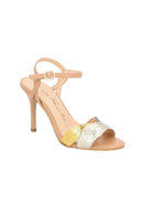 SANDÁLIA EM COURO MULTICOR COM SALTO FINO ALTO