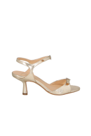 SANDÁLIA SALTO MÉDIO METALIZADA DOURADA E FIVELA CRISTAL