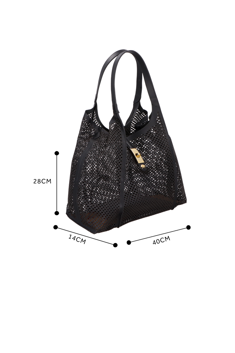 BOLSA TOTE GRANDE EM COURO PRETO COM RECORTES