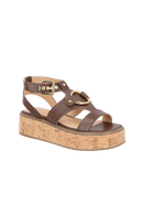 SANDÁLIA PLATAFORMA FLAT EM COURO CAFÉ E SALTO DE CORTIÇA