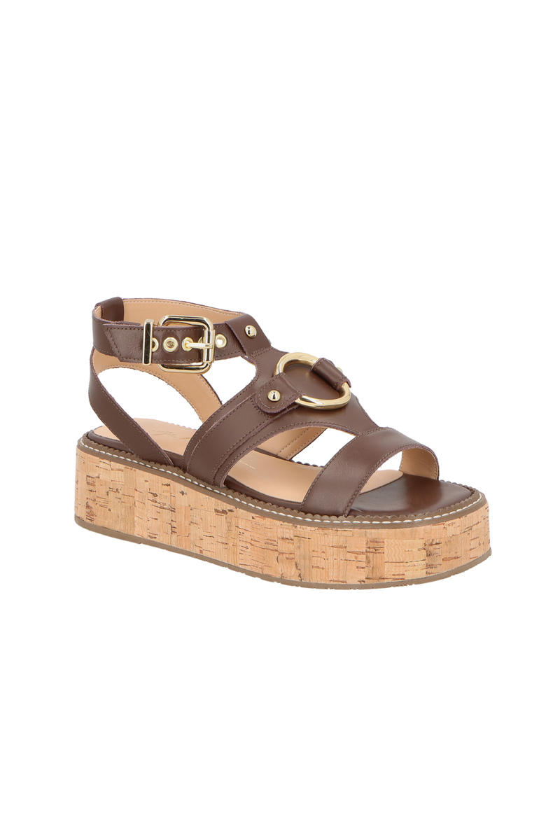 SANDÁLIA PLATAFORMA FLAT EM COURO CAFÉ E SALTO DE CORTIÇA