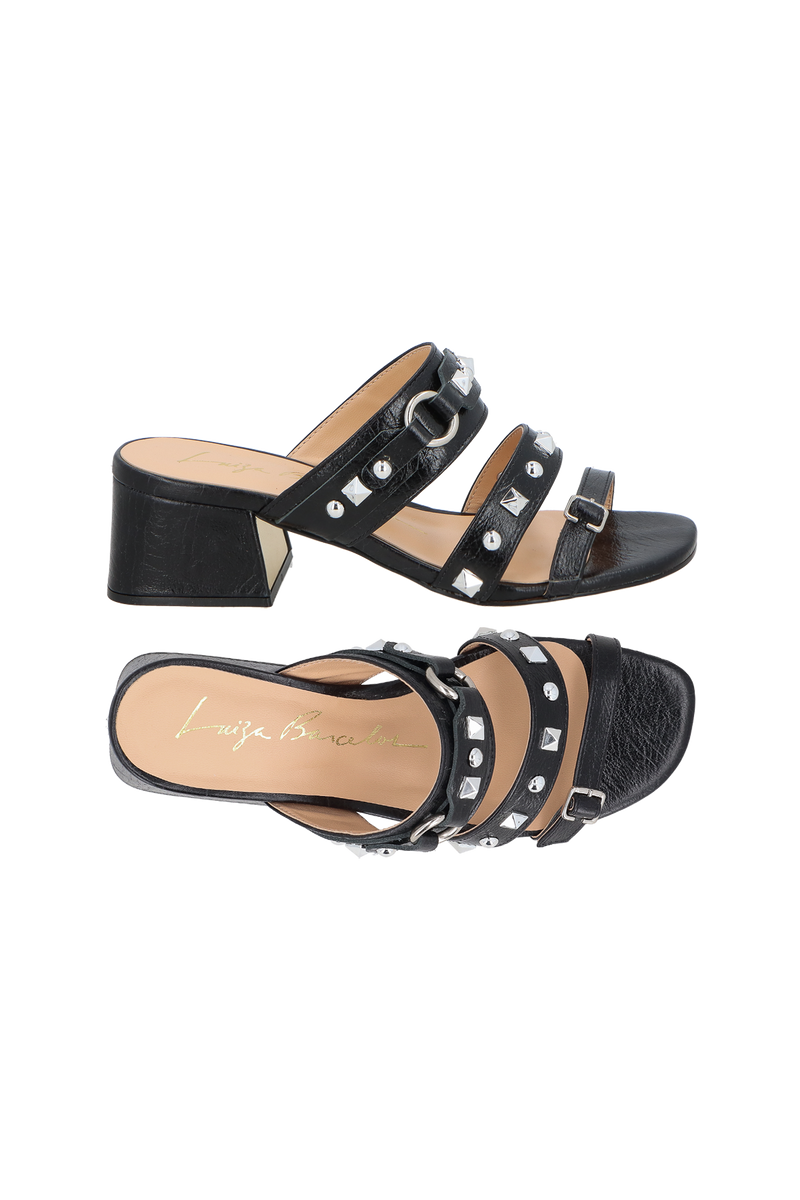 SANDÁLIA MULE SALTO MÉDIO BLOCO EM COURO PRETO COM MIX DE REBITES