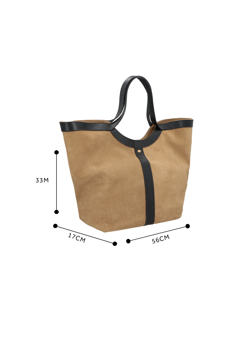 BOLSA GRANDE MINIMALISTA EM CAMURÇA BEGE FENDI E COURO PRETO