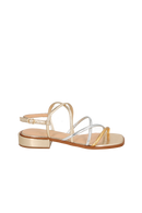 SANDÁLIA RASTEIRA EM METALIZADO OURO COM TIRAS COLORIDAS