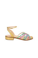 SANDÁLIA RASTEIRA EM COURO DOURADO COM TIRAS MULTICOR