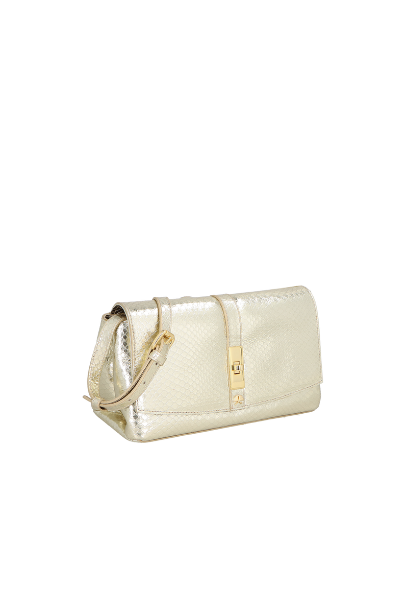 BOLSA CLUTCH PEQUENA EM COURO METALIZADO COBRA DOURADO
