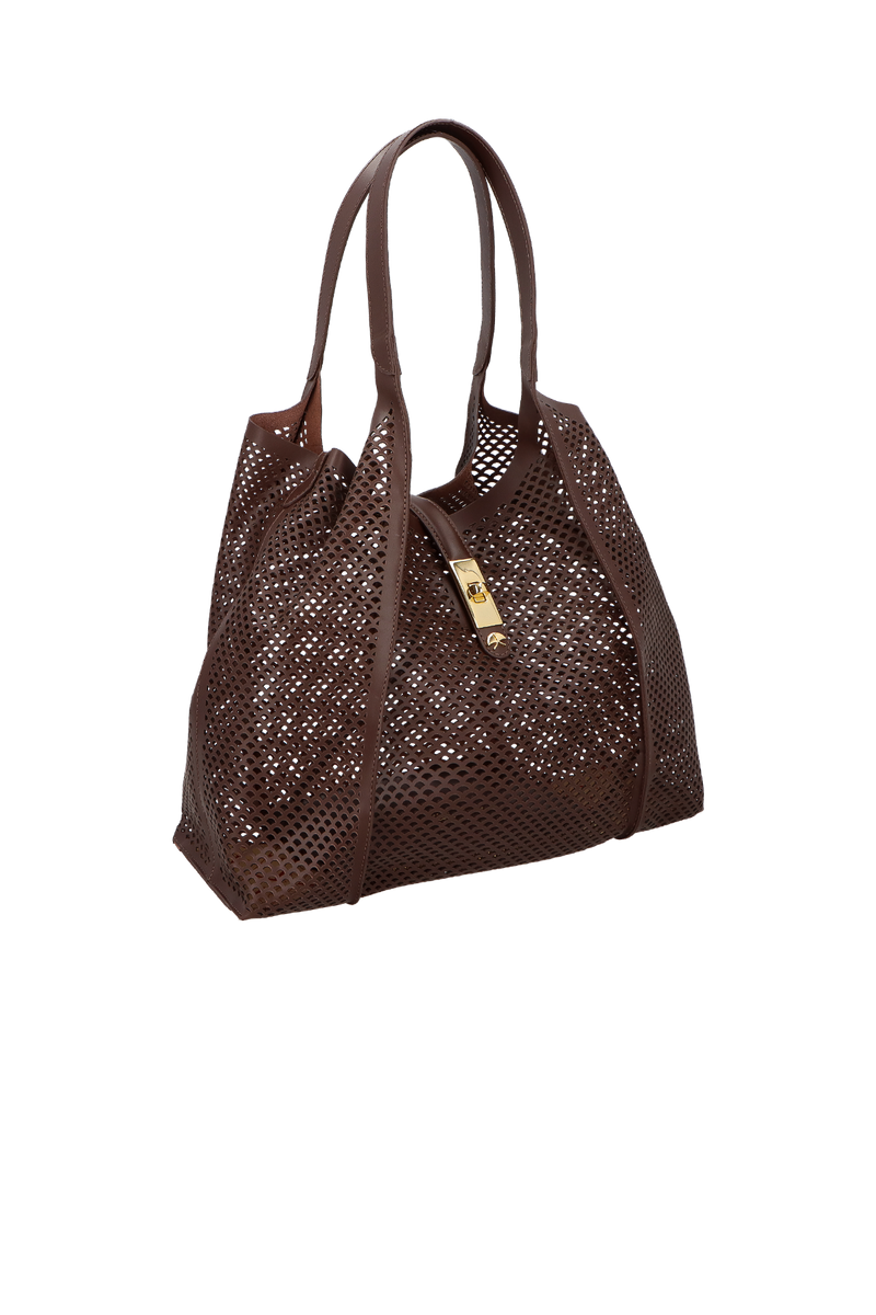 BOLSA TOTE GRANDE EM COURO MARROM CAFÉ COM RECORTES
