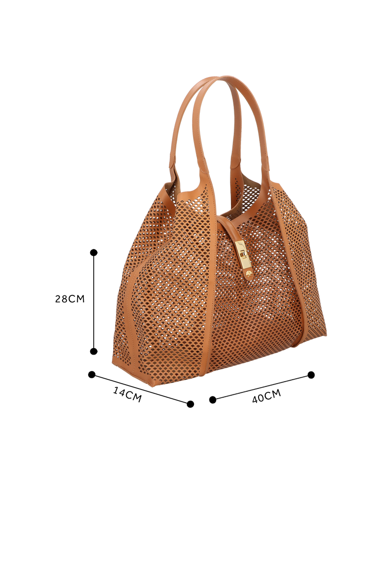 BOLSA TOTE GRANDE EM COURO CARAMELO COM RECORTES