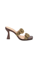 SANDÁLIA SALTO ALTO EM COURO MARROM CAFÉ COM TIRA DUPLA E FIVELA DE STRASS