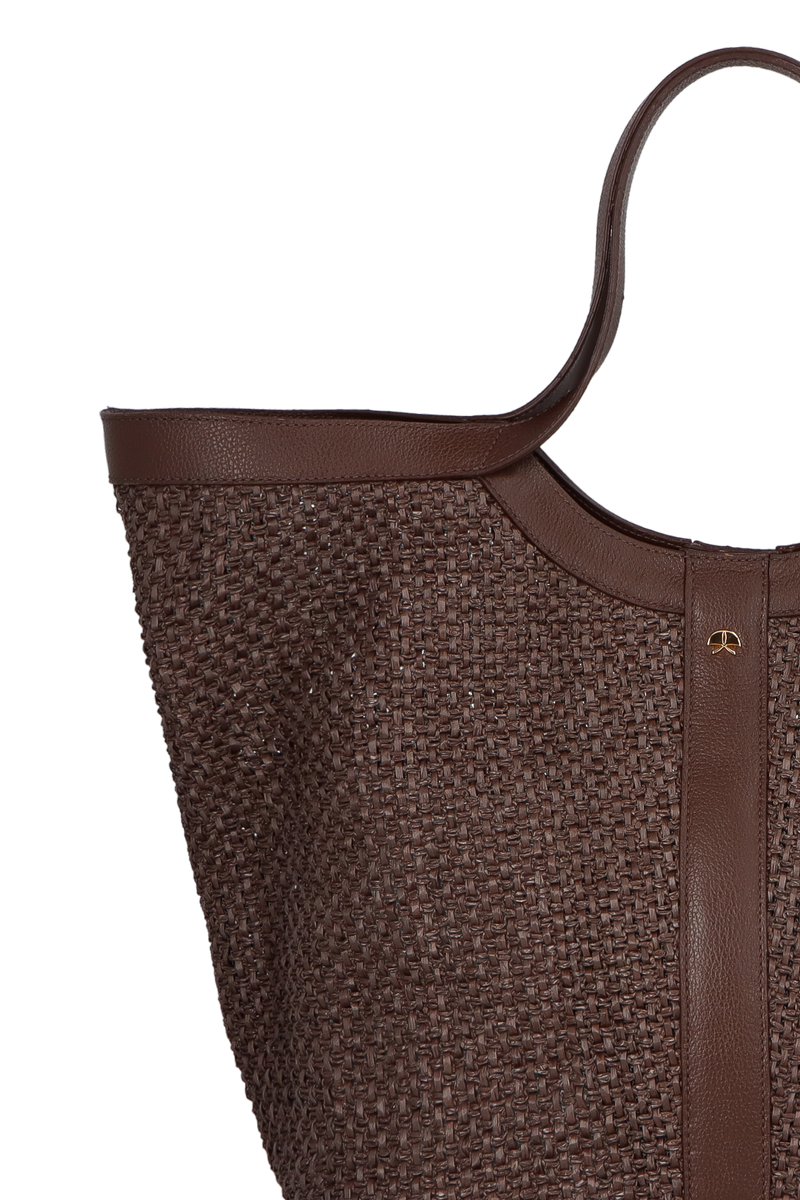 BOLSA SHOPPING GRANDE EM COURO E RÁFIA MARROM CAFÉ