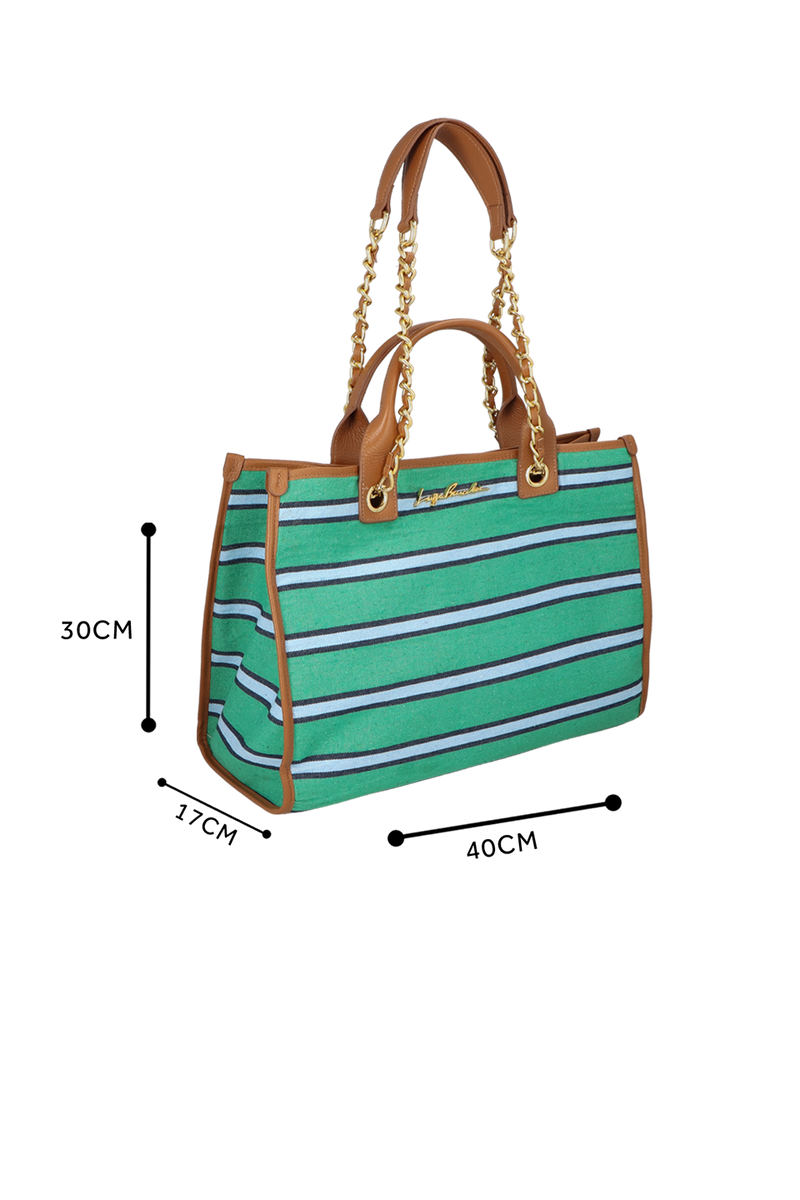MAXI BOLSA LISTRADA VERDE E AZUL COM ALÇAS DE CORRENTE