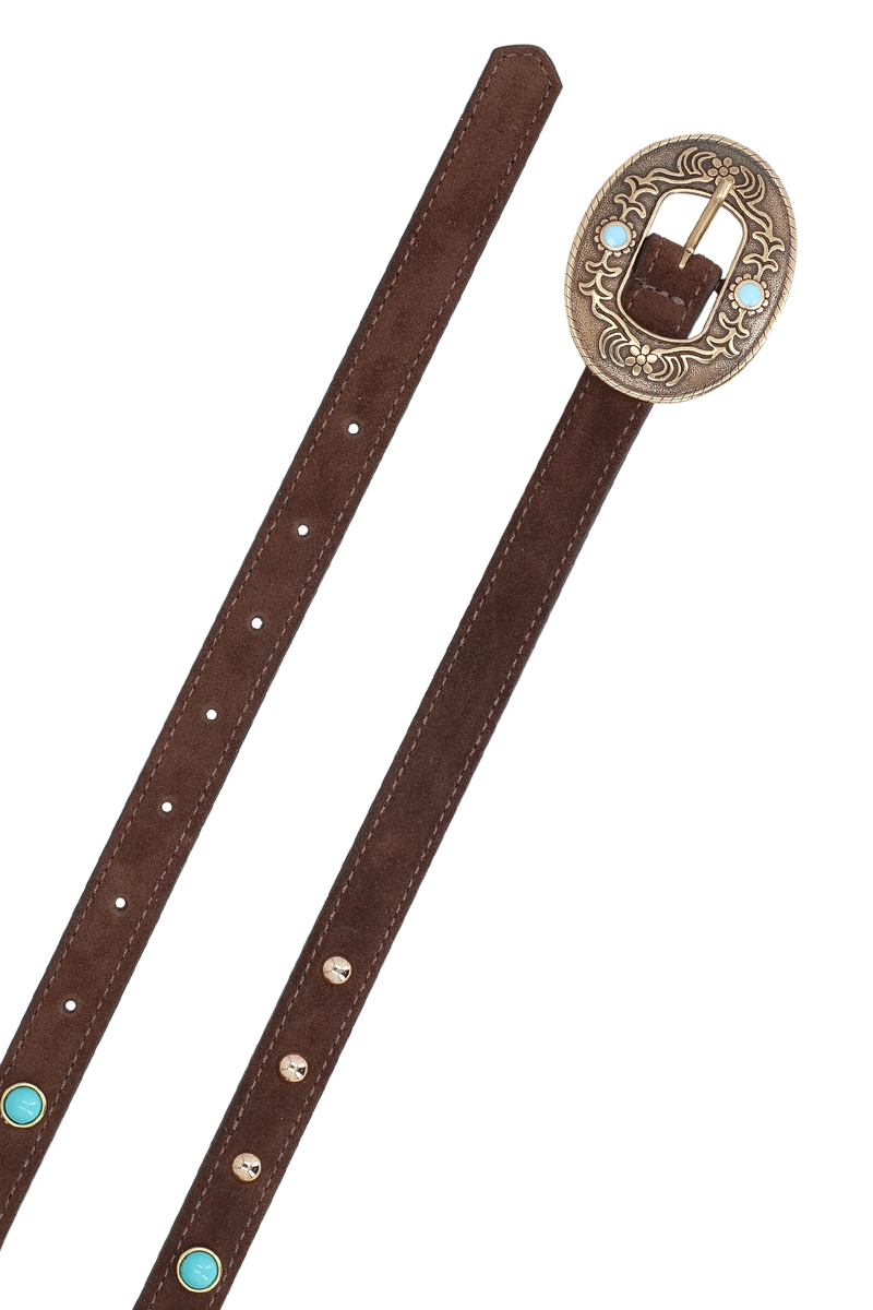 CINTO FINO EM CAMURÇA CAFÉ COM FIVELA EM OURO VELHO