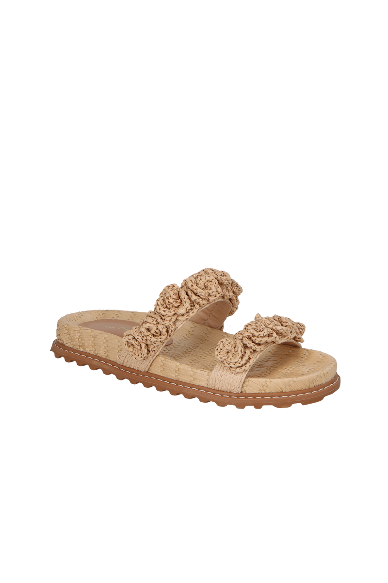 SANDÁLIA PAPETE COM FLORES EM RÁFIA BEGE AREIA