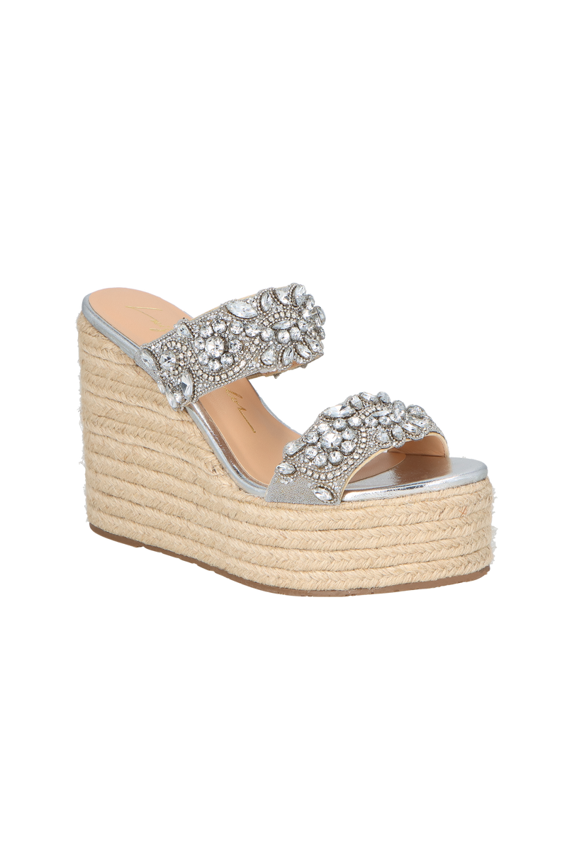 SANDÁLIA ANABELA COM PEDRARIA CRISTAL E JUTA
