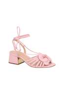 SANDÁLIA EM COURO ROSA GLACÊ COM FLOR E AMARRAÇÃO