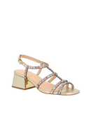 SANDÁLIA EM COURO DOURADO COM APLICAÇÕES MULTICOLORIDAS E SALTO BLOCO MÉDIO