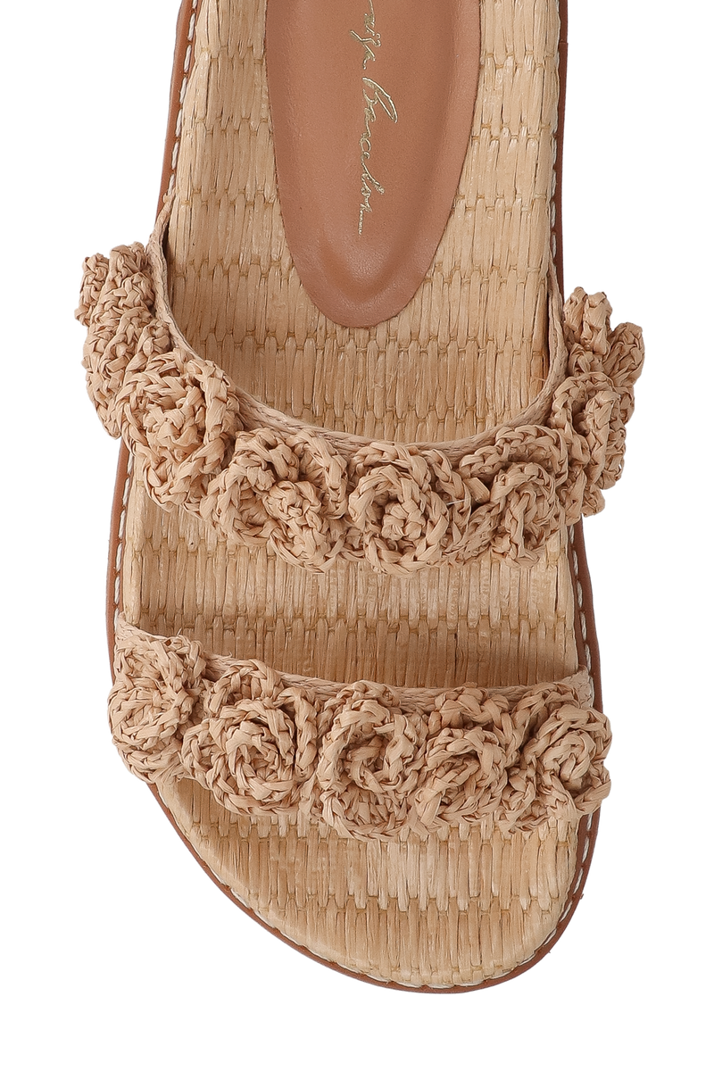 SANDÁLIA PAPETE COM FLORES EM RÁFIA BEGE AREIA