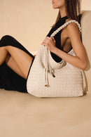 BOLSA GRANDE EM COURO OFF WHITE TRAMADO COM ALÇA EM ROLOTÊ