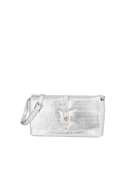BOLSA CLUTCH PEQUENA EM COURO METALIZADO COBRA PRATA