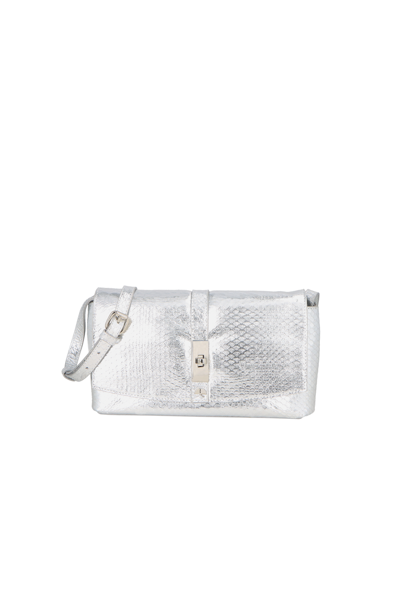 BOLSA CLUTCH PEQUENA EM COURO METALIZADO COBRA PRATA