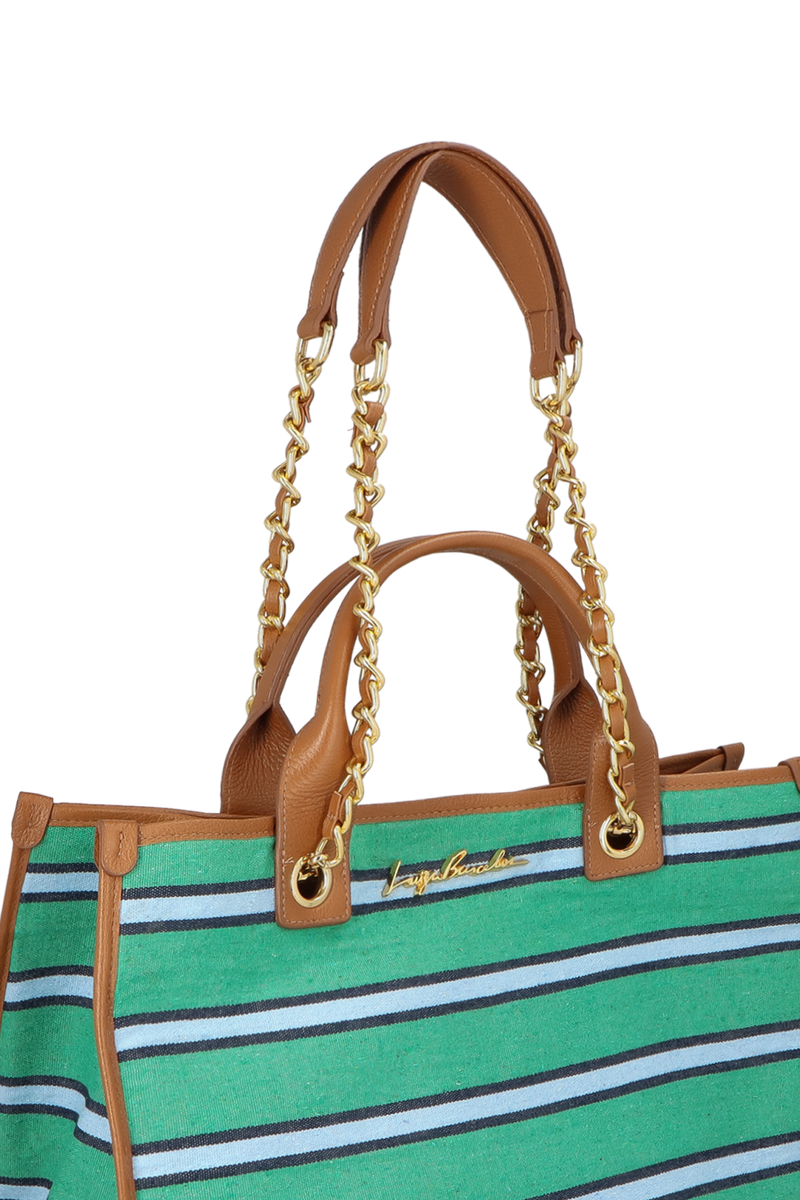 MAXI BOLSA LISTRADA VERDE E AZUL COM ALÇAS DE CORRENTE