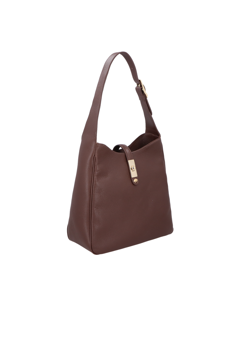 BOLSA MÉDIA EM COURO CAFÉ COM FECHO METÁLICO