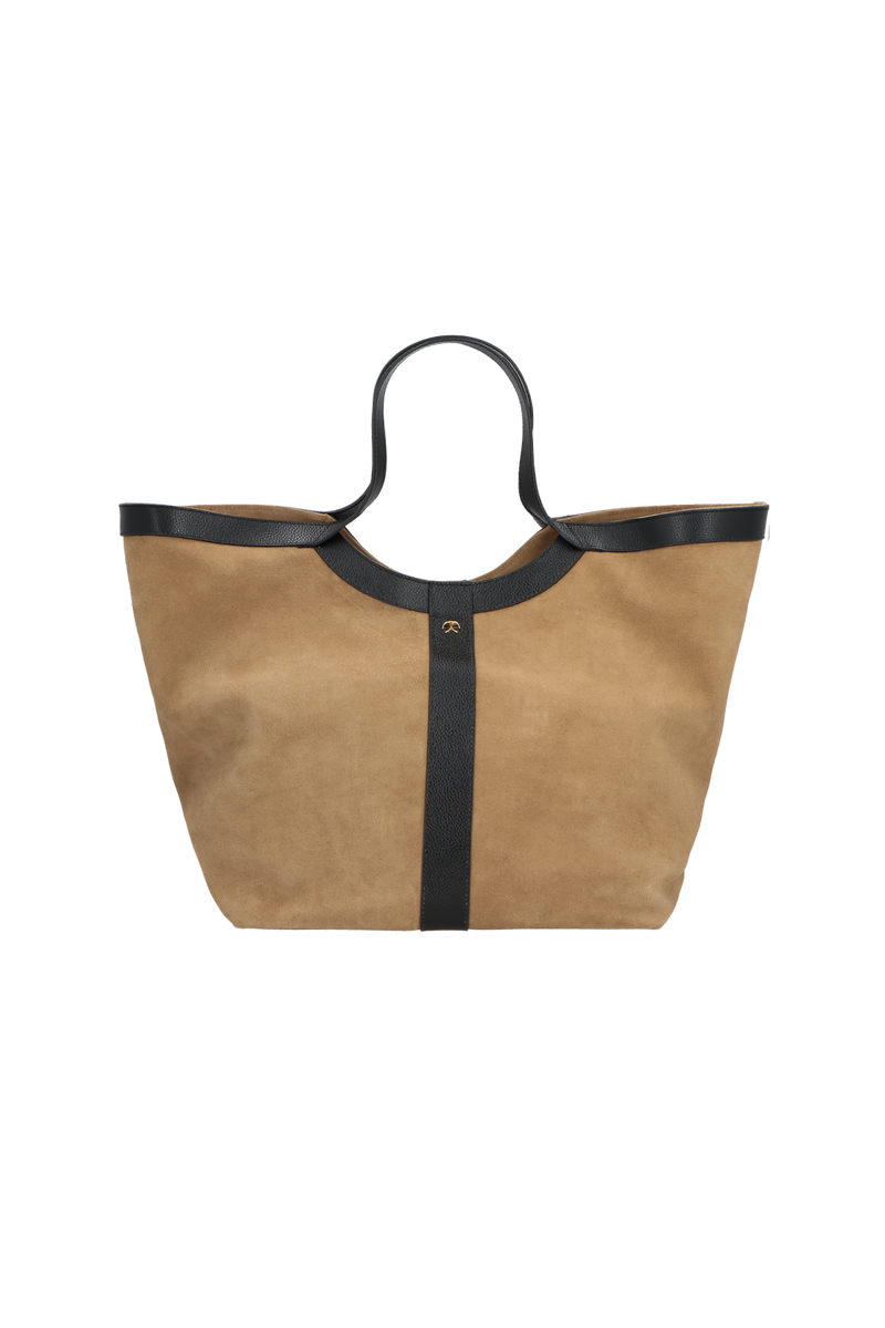 BOLSA GRANDE MINIMALISTA EM CAMURÇA BEGE FENDI E COURO PRETO