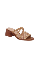 SANDÁLIA EM COURO CARAMELO E PALHA COM SALTO BLOCO MÉDIO