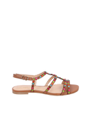 SANDÁLIA RASTEIRA DE TIRAS EM COURO CARAMELO COM PEDRAS MULTICOLORIDAS