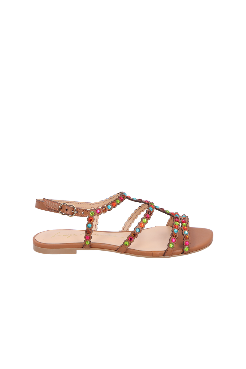 SANDÁLIA RASTEIRA DE TIRAS EM COURO CARAMELO COM PEDRAS MULTICOLORIDAS