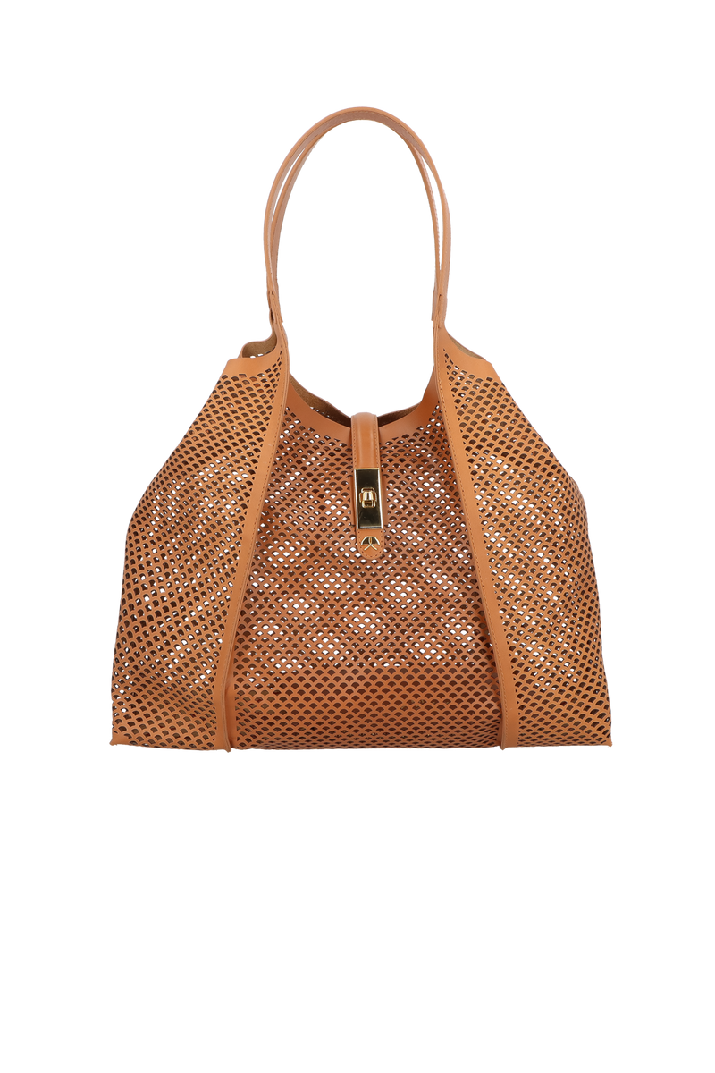 BOLSA TOTE GRANDE EM COURO CARAMELO COM RECORTES