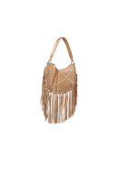 BOLSA MÉDIA EM COURO BEGE ARGILA COM FRANJAS E APLICAÇÕES METÁLICAS
