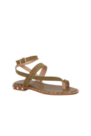 RASTEIRA DE DEDO EM CAMURÇA VERDE ASPARGO COM TIRAS CRUZADAS E TACHAS