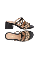 SANDÁLIA EM COURO PRETO E PALHA COM SALTO BLOCO MÉDIO