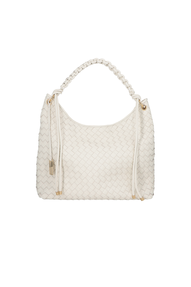 BOLSA GRANDE EM COURO OFF WHITE TRAMADO COM ALÇA EM ROLOTÊ