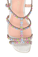 SANDÁLIA RASTEIRA DE TIRAS EM COURO METALIZADO DOURADO COM PEDRAS MULTICOLORIDAS