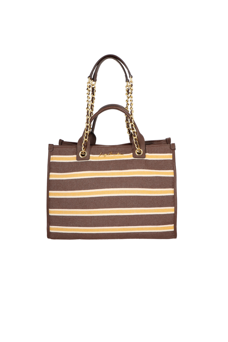 MAXI BOLSA LISTRADA MARROM E AMARELO COM ALÇAS DE CORRENTE