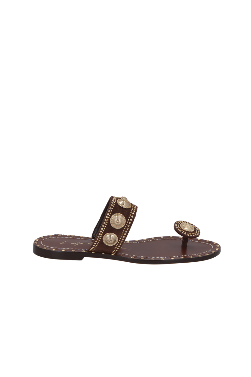 RASTEIRA EM CAMURÇA MARROM CAFÉ COM APLICAÇÕES METÁLICAS