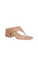 SANDÁLIA SALTO BLOCO MÉDIO COM TIRA ENTRE OS DEDOS EM COURO VERNIZ BEGE BLUSH