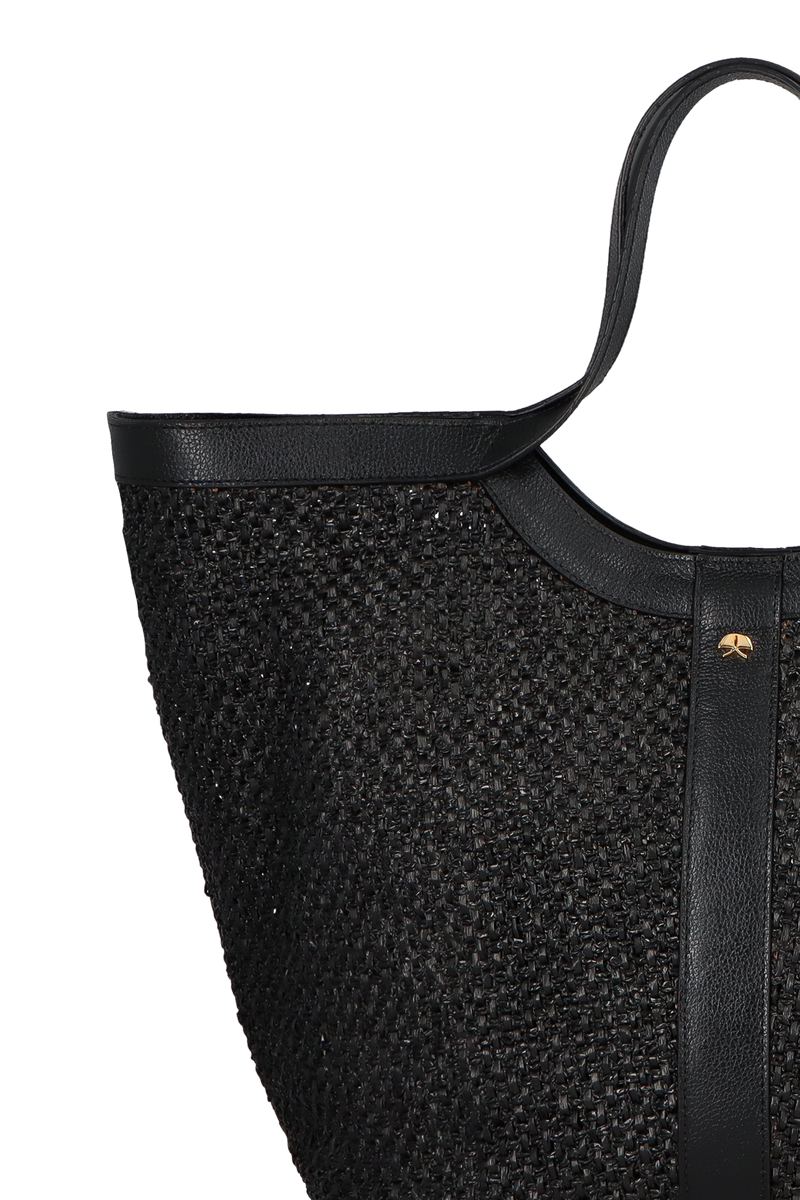 BOLSA SHOPPING GRANDE EM COURO E RÁFIA PRETO