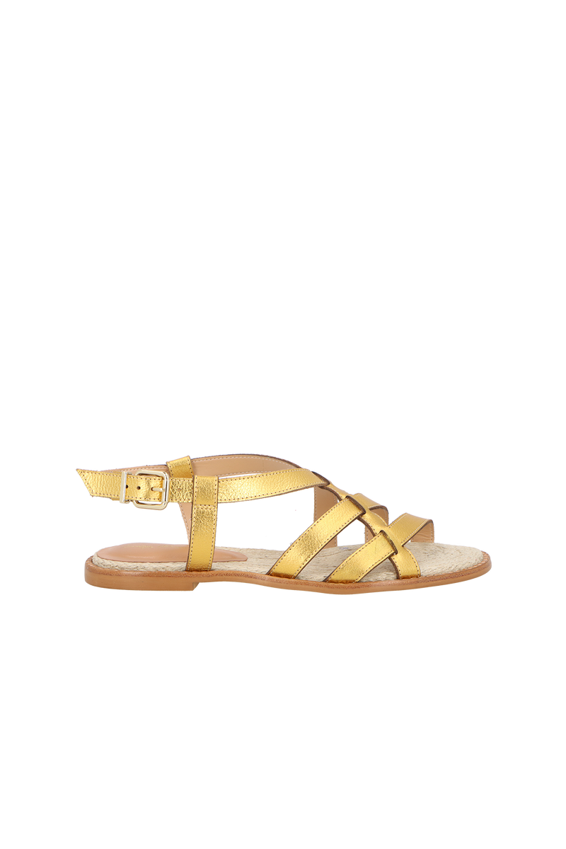 RASTEIRA EM COURO DOURADO COM TIRAS ENTRELAÇADAS